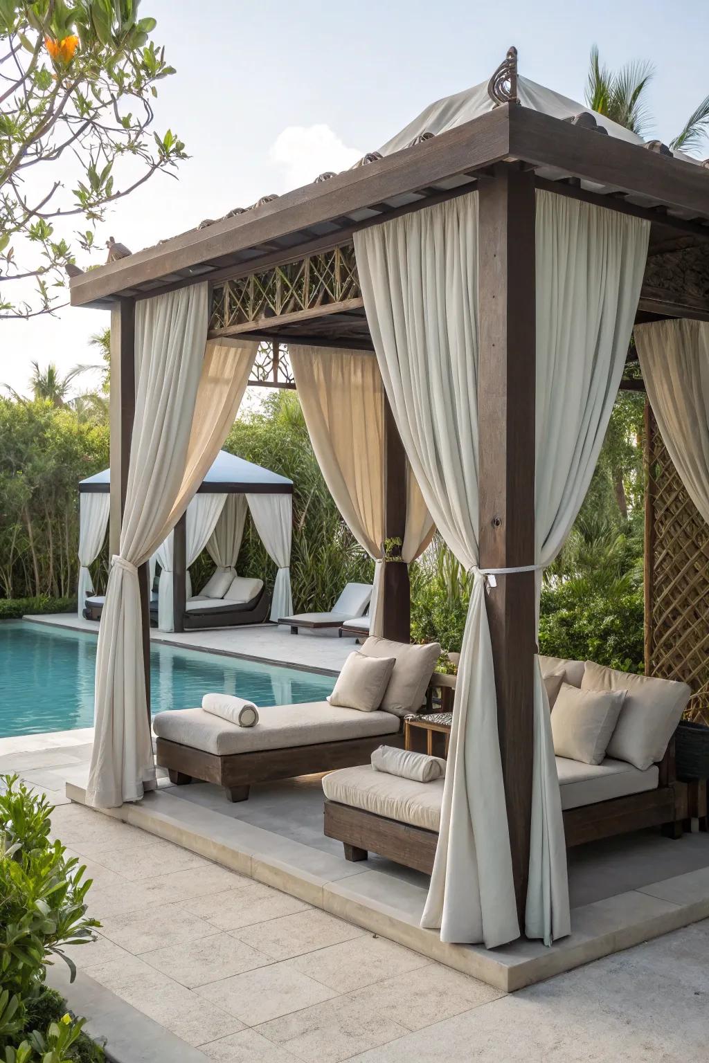 A poolside cabana offers a chic and shaded retreat.