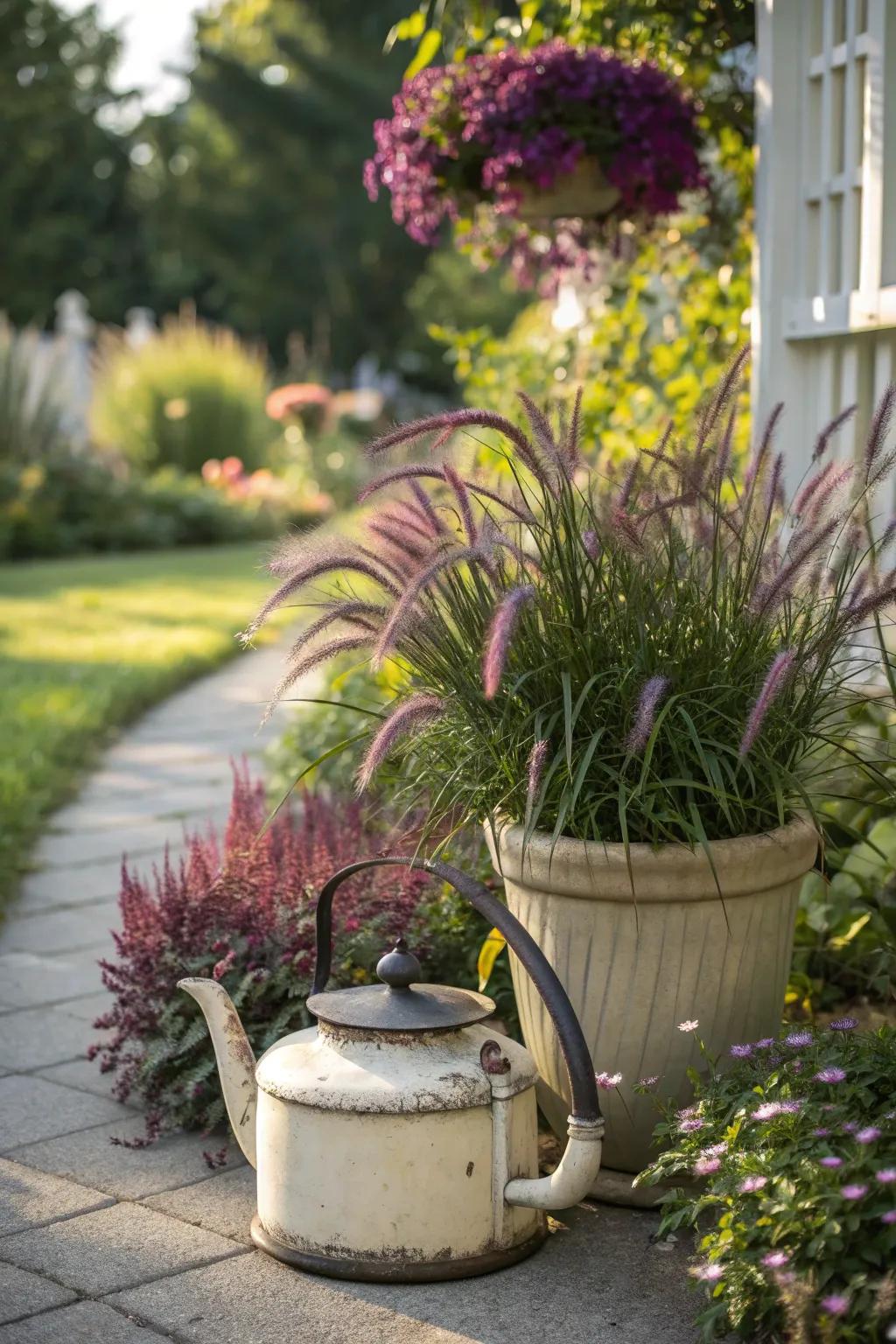 A vintage teakettle adds a quirky touch to purple fountain grass arrangements.