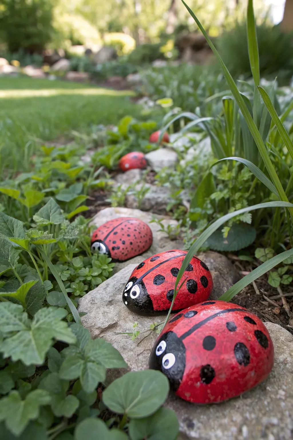 Ladybug rocks add a playful element to garden beds.