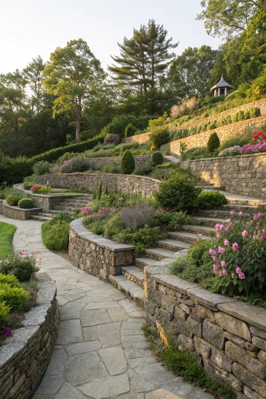 Terraced stone walls add dimension to sloped landscapes.