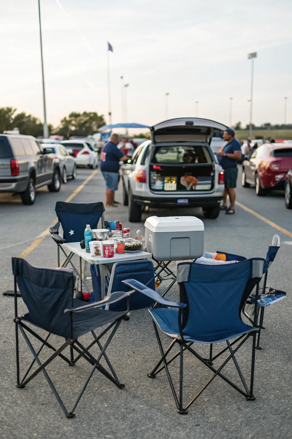 Tailgate area with foldable chairs and a circular table setup.