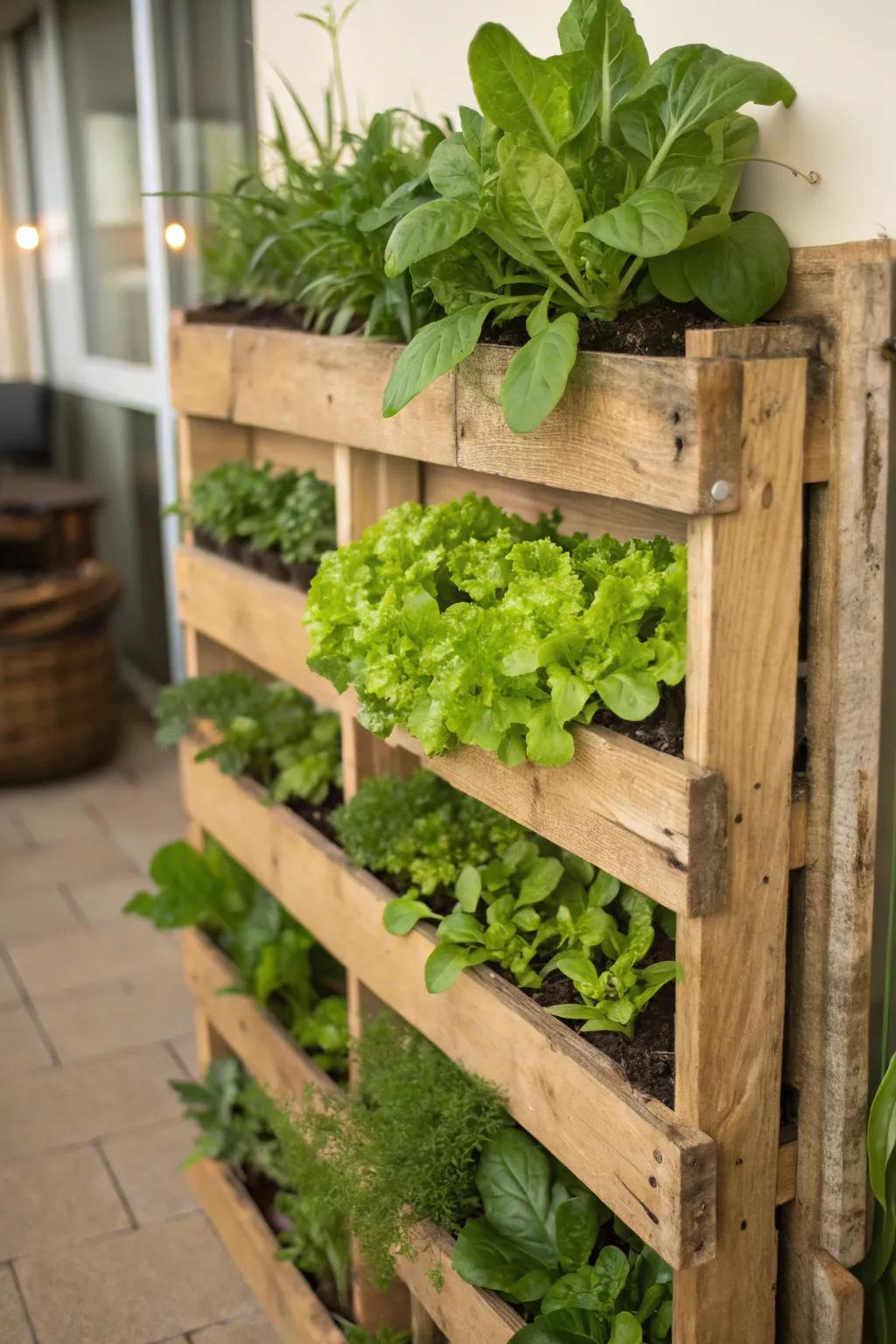 Pallet gardens are a creative and sustainable way to grow vertically.