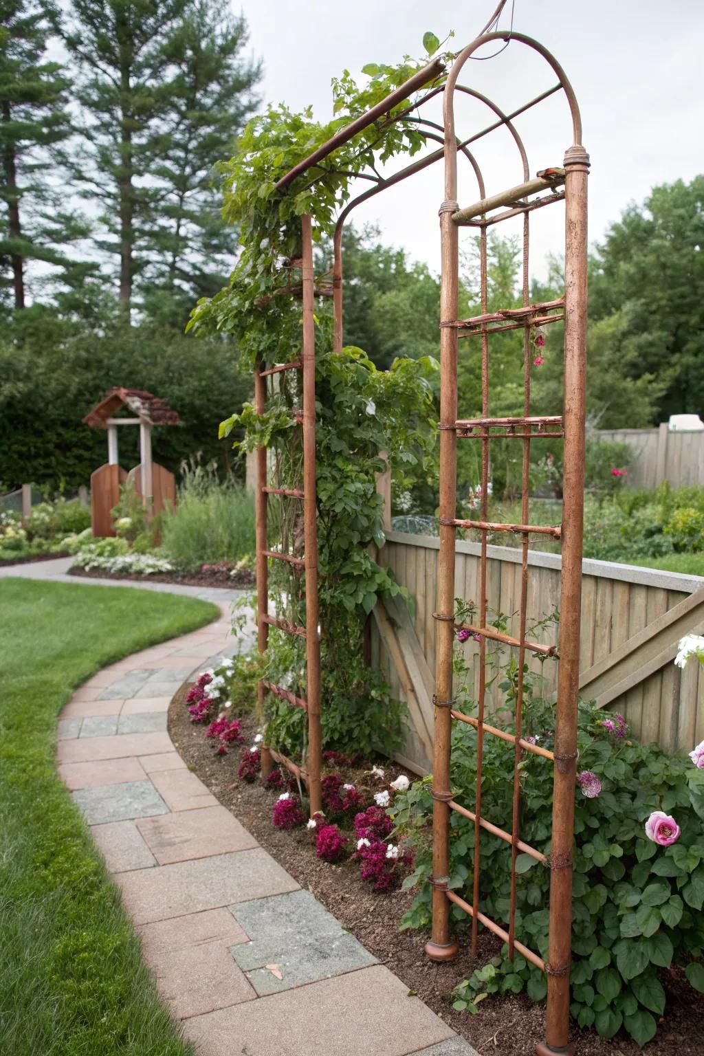 A chic copper pipe trellis serving as a stylish plant support.