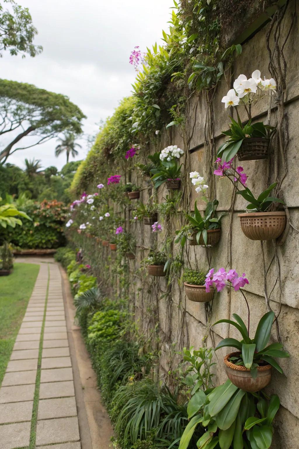 Wall displays of orchids add a surprising focal point in the garden.