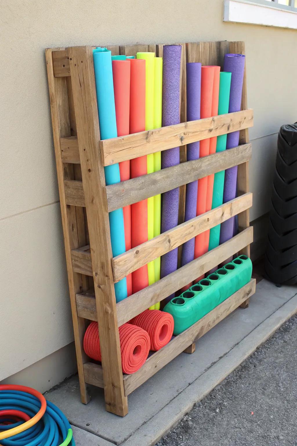 A repurposed pallet brings creativity and function to pool noodle storage.