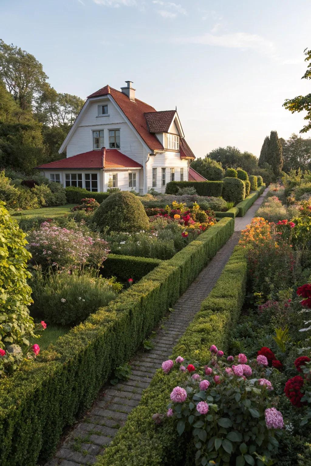 Hedges define the garden's boundaries.