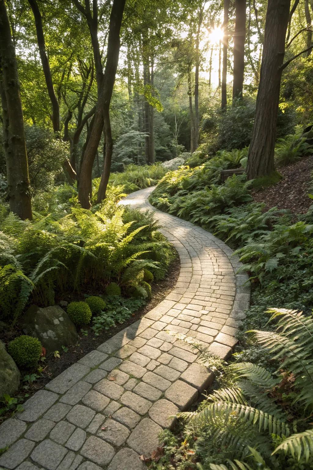 A curved stone pathway adds a natural flow.