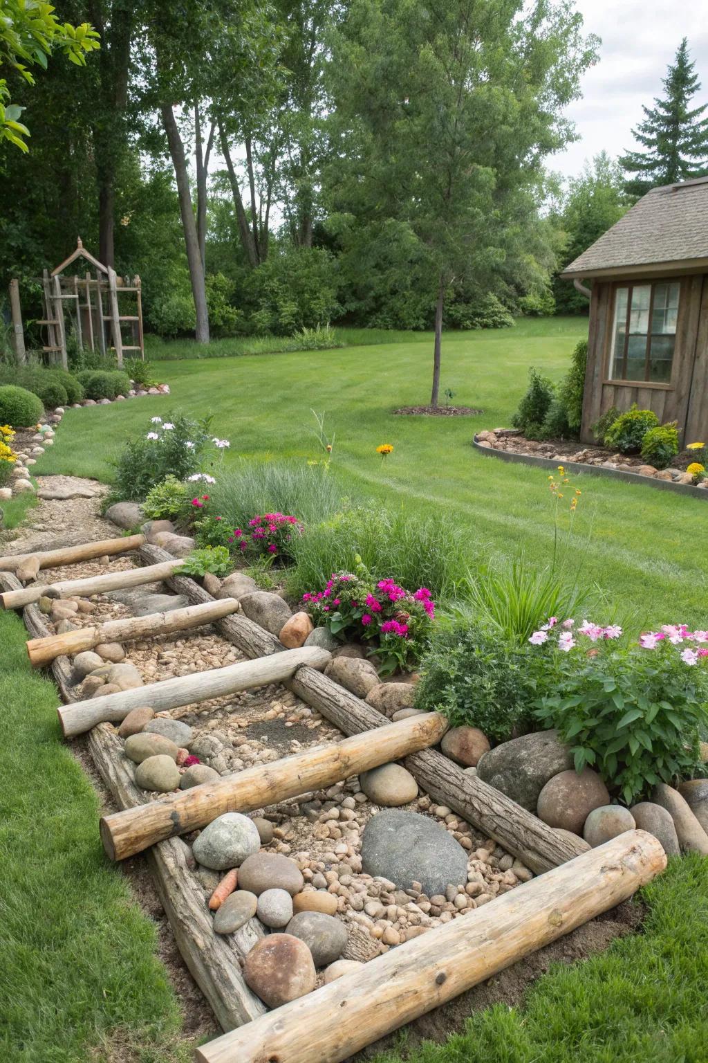 Logs and stones create an adventurous natural obstacle course.