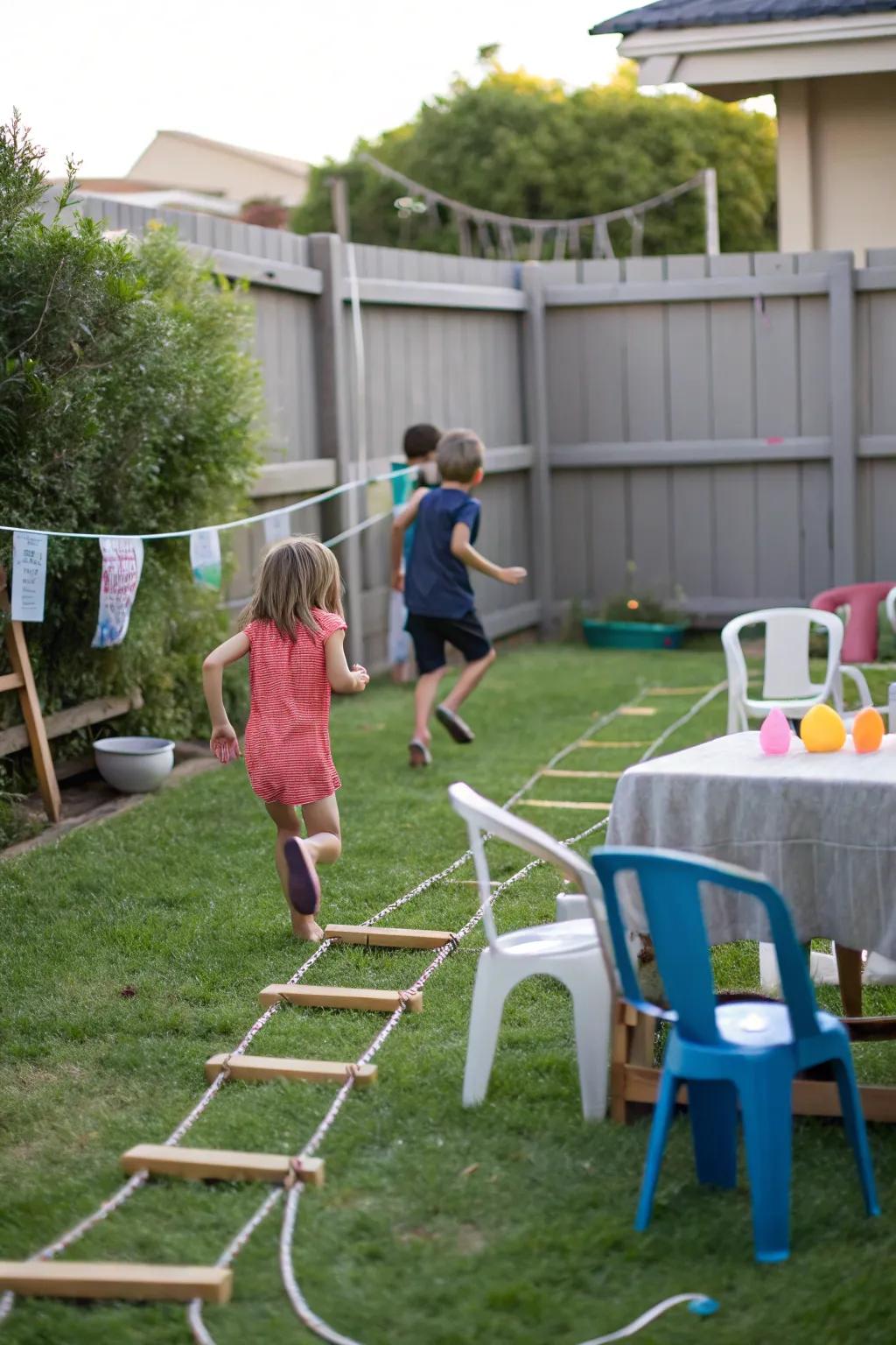 Kids having a blast on a homemade obstacle course in the backyard.