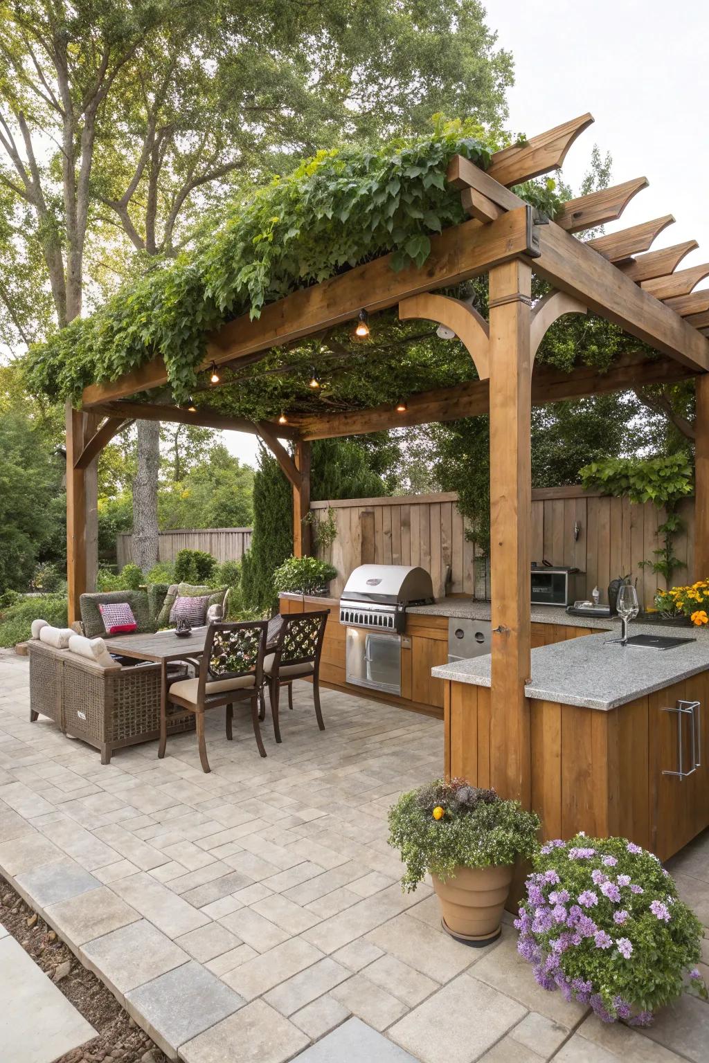 A pergola brings charm and shade to your grilling area.
