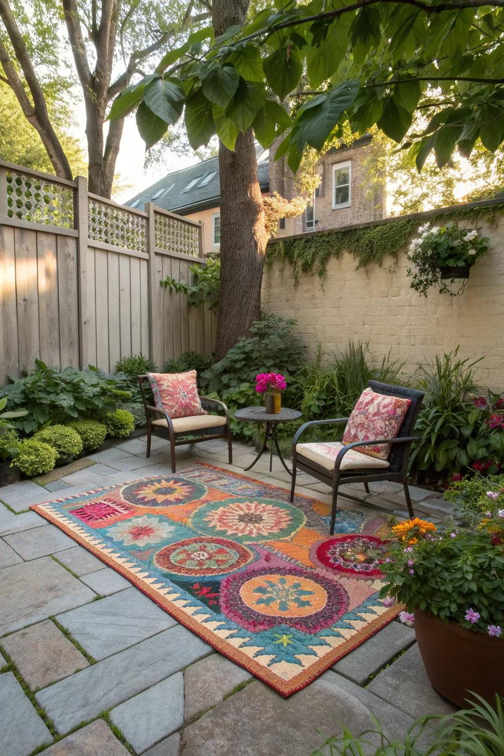 A courtyard seating area defined by a vibrant outdoor rug.