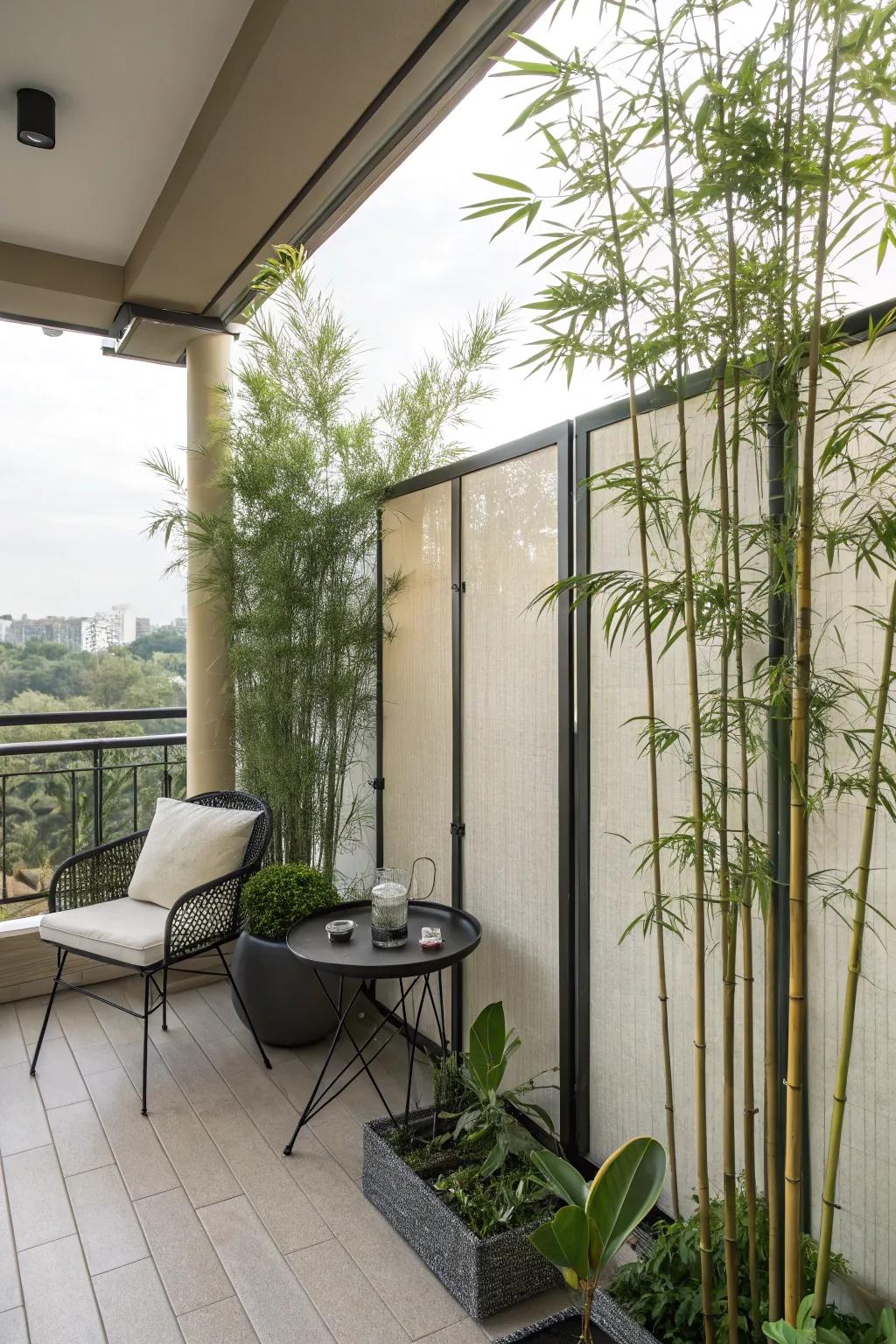 Privacy screens create a secluded and intimate balcony retreat.