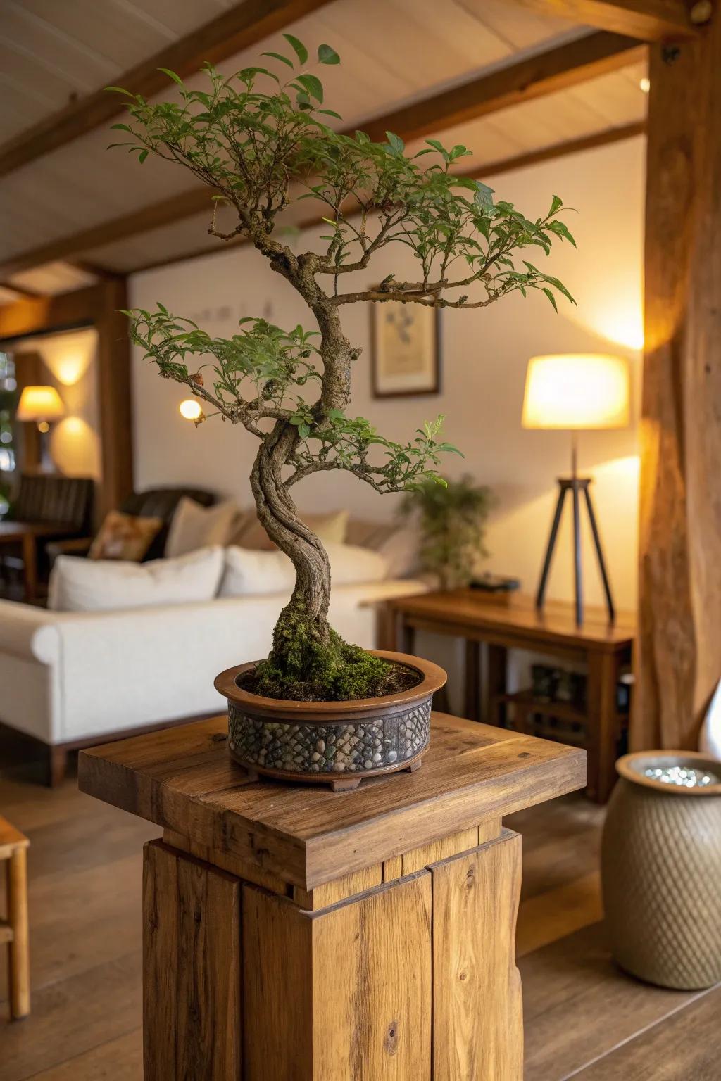 A bonsai tree elegantly displayed on a rustic wooden pedestal.