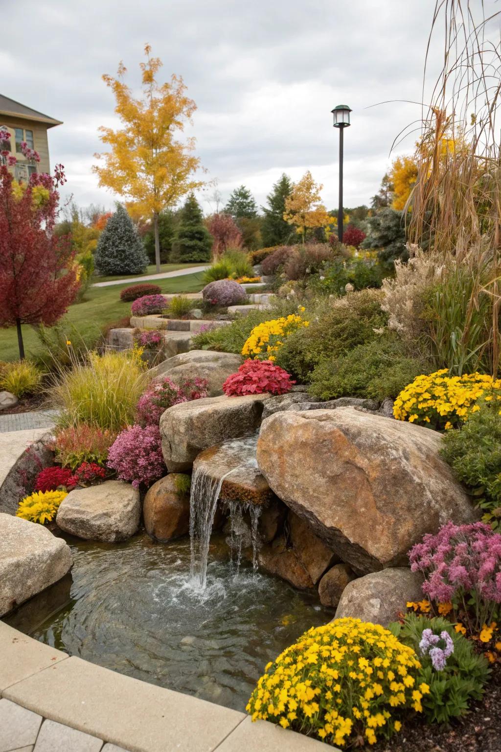 Seasonal plants add dynamic beauty to this boulder fountain.