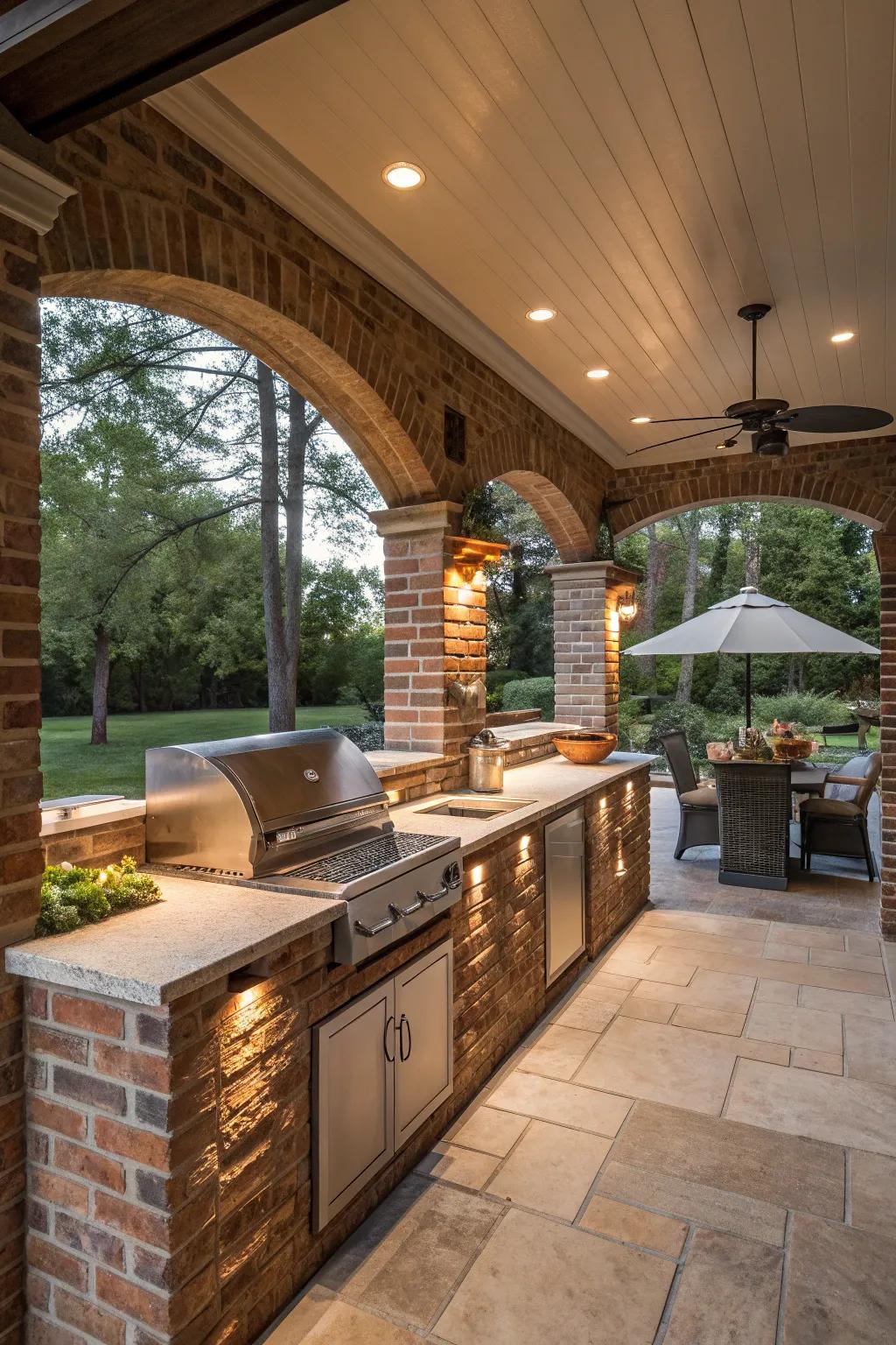 Magical ambiance with sophisticated lighting in a brick kitchen.