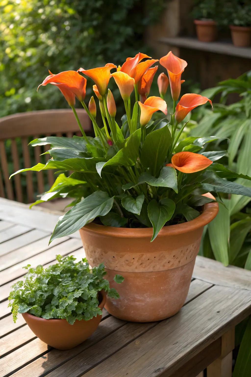 Orange calla lilies flourish in a traditional terracotta pot.