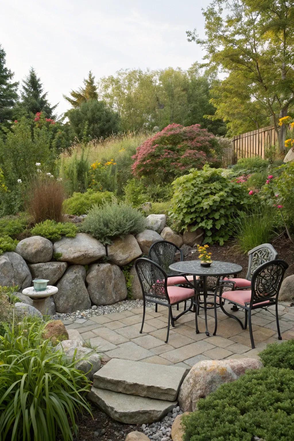 A rocky backdrop creates a peaceful seating area.