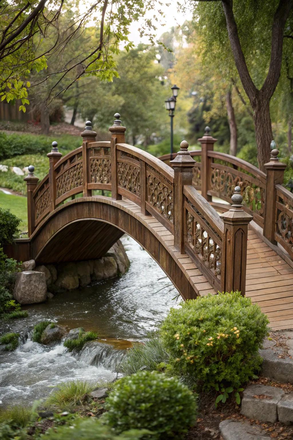 An arched wooden bridge stands gracefully over a serene creek.