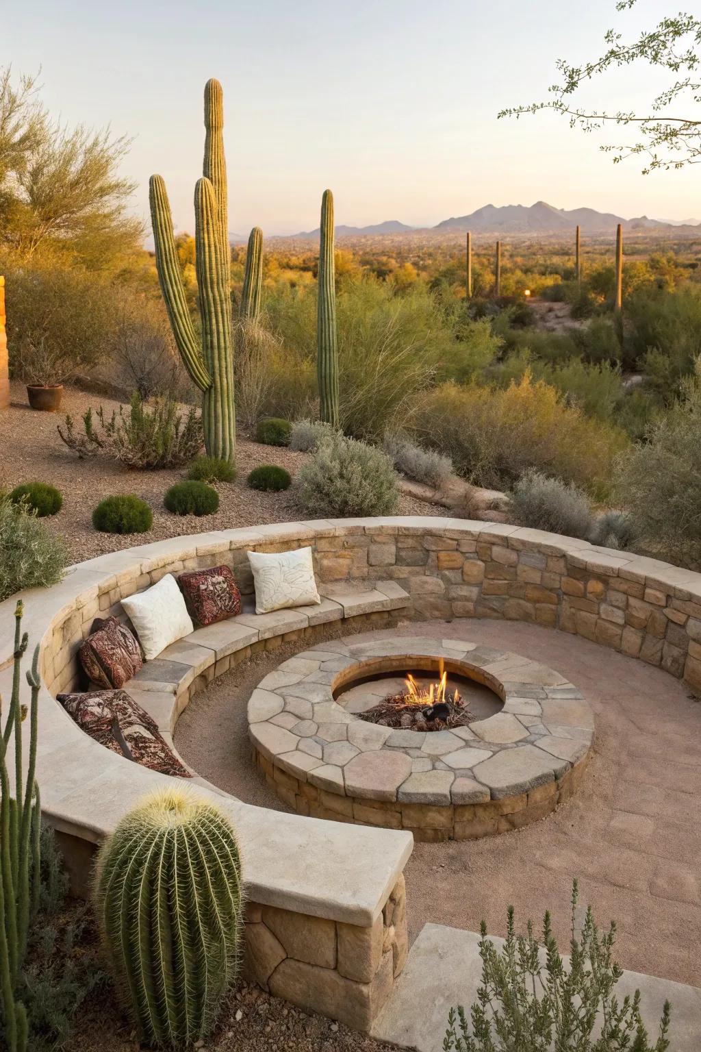 A sunken fire pit offers intimacy and protection from desert winds.