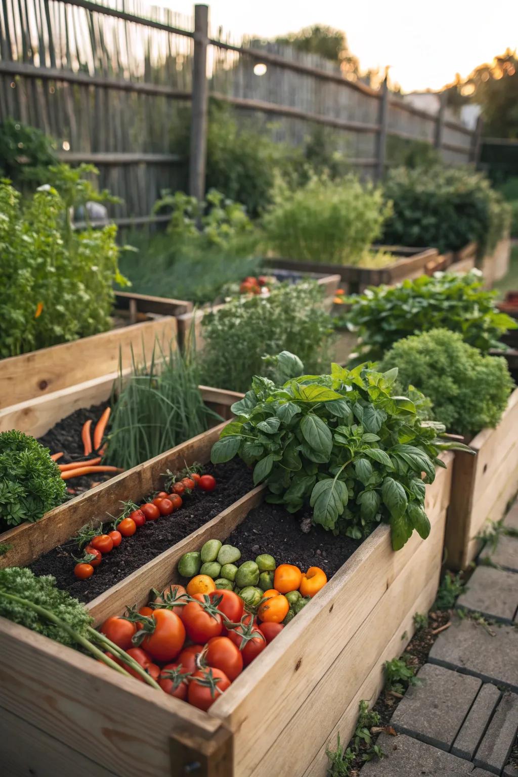 Raised beds brimming with fresh produce.