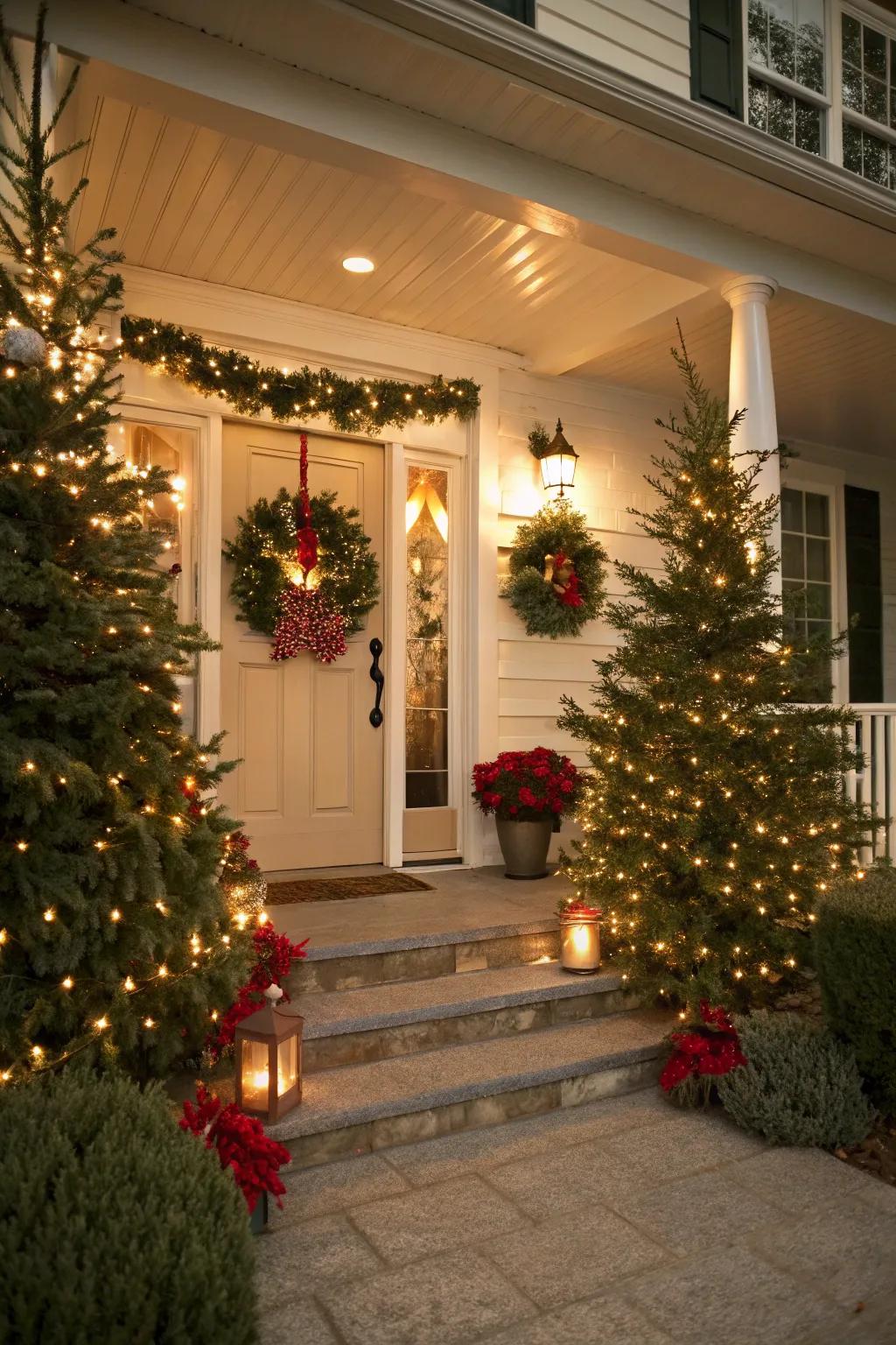 Wreaths complement the trees for a harmonious holiday look.