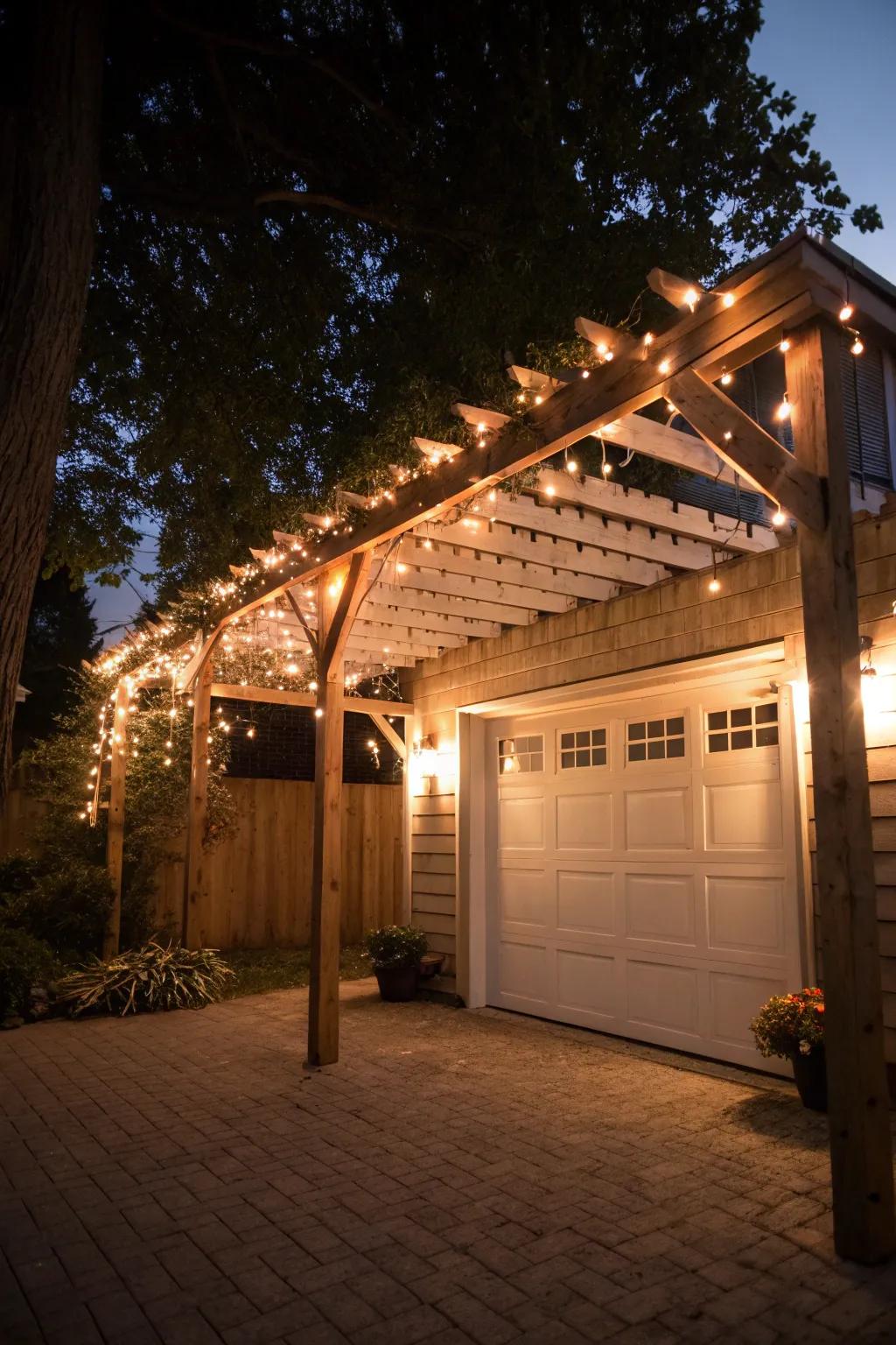 Elegant lighting brings warmth to your garage pergola.