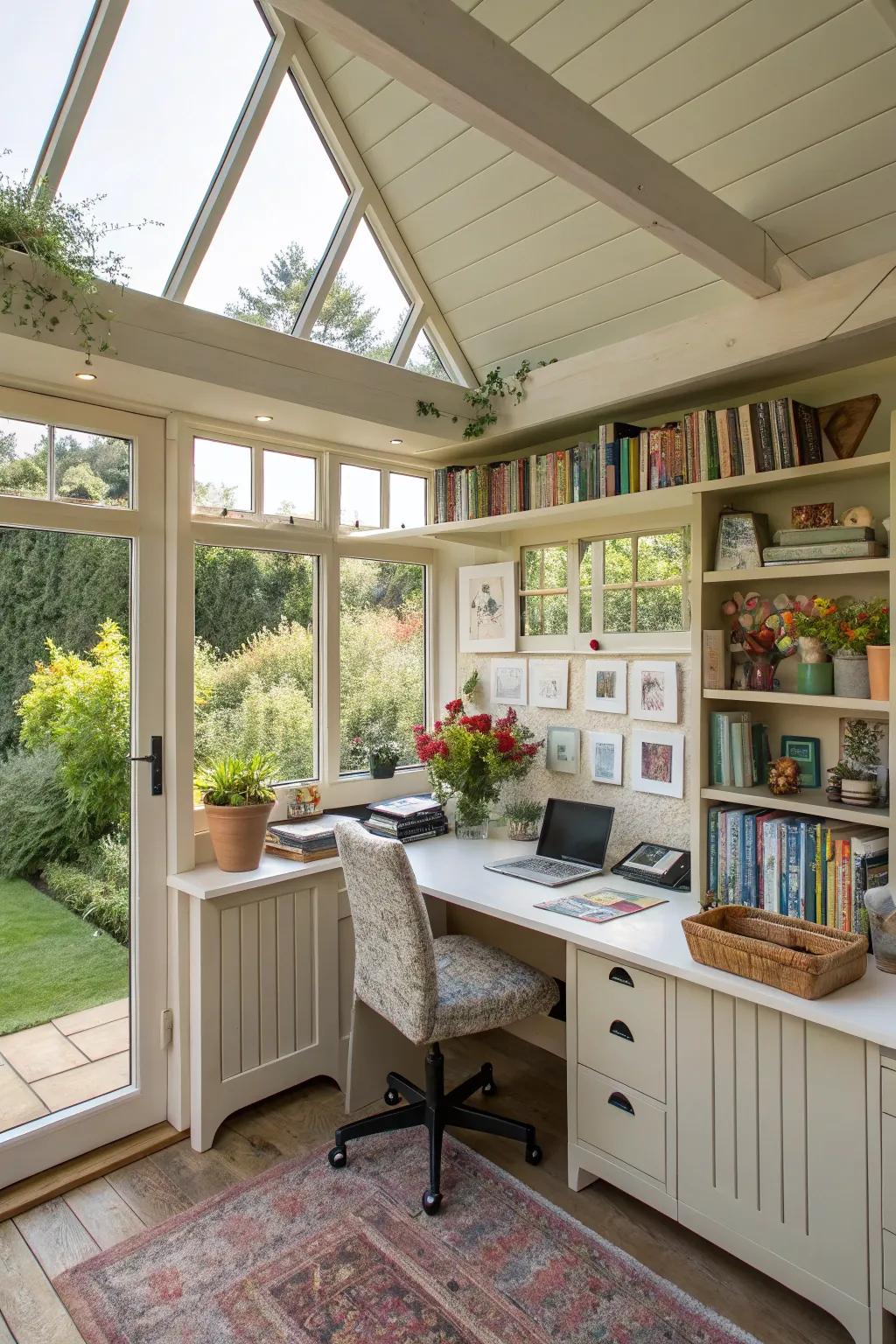 A garden room that doubles as a productive home office and creative studio.