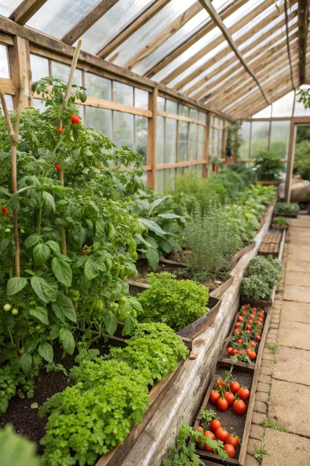 Edible plants in a greenhouse providing fresh produce.