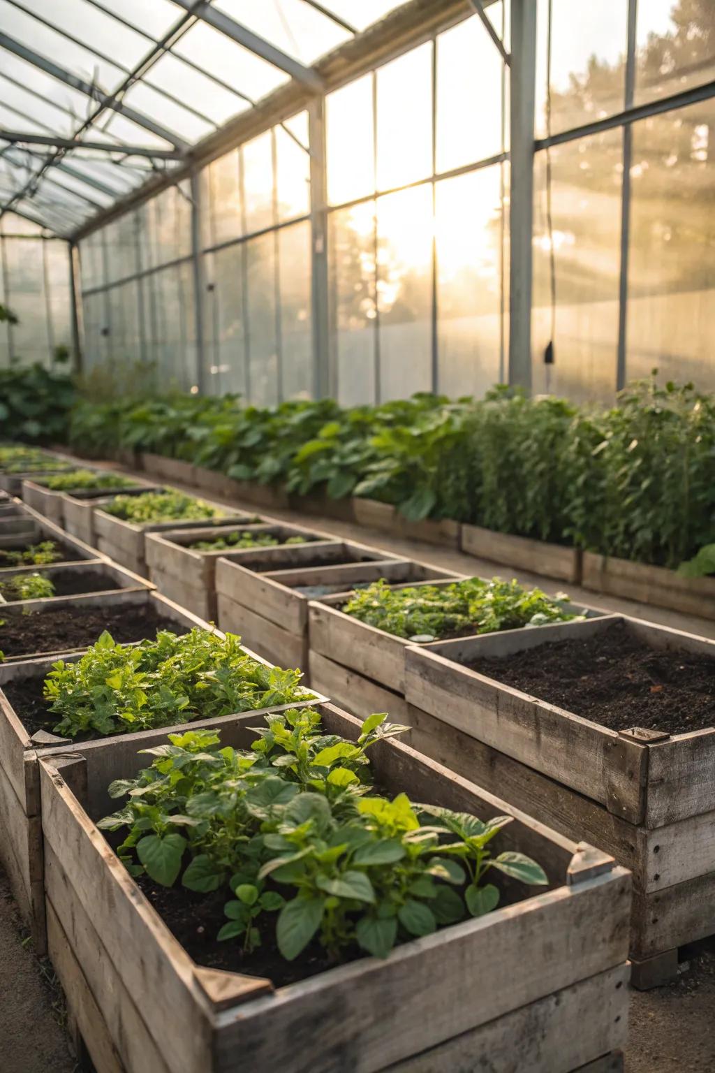 Organized rows for a tidy and efficient greenhouse.