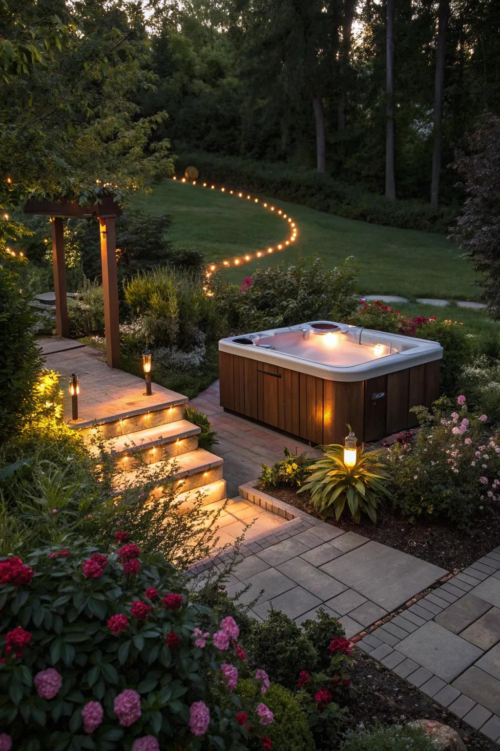 Solar lighting provides an eco-friendly glow around your hot tub.