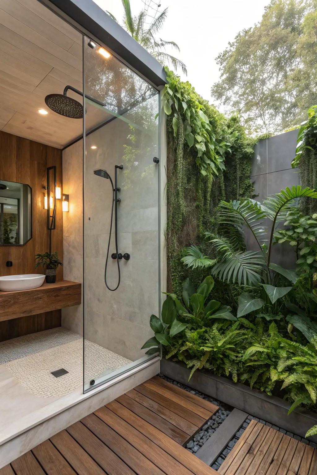 A contemporary blend shower with sleek and natural elements.
