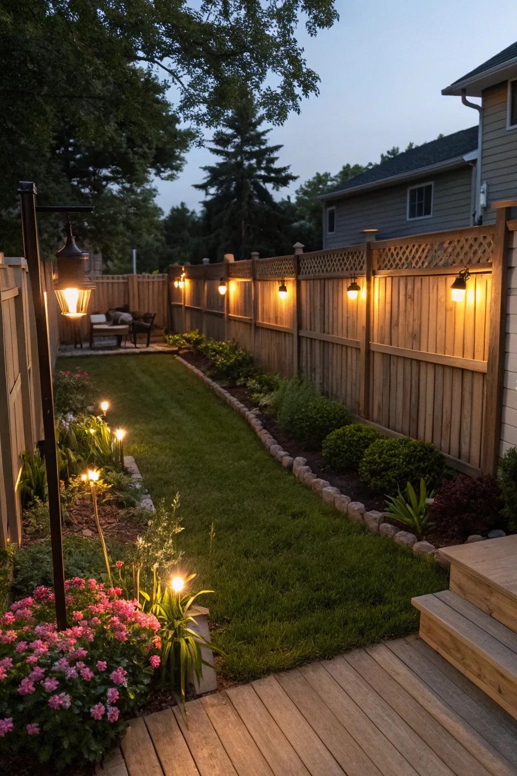 Mounted lights along a fence creating an ambient glow in the backyard.