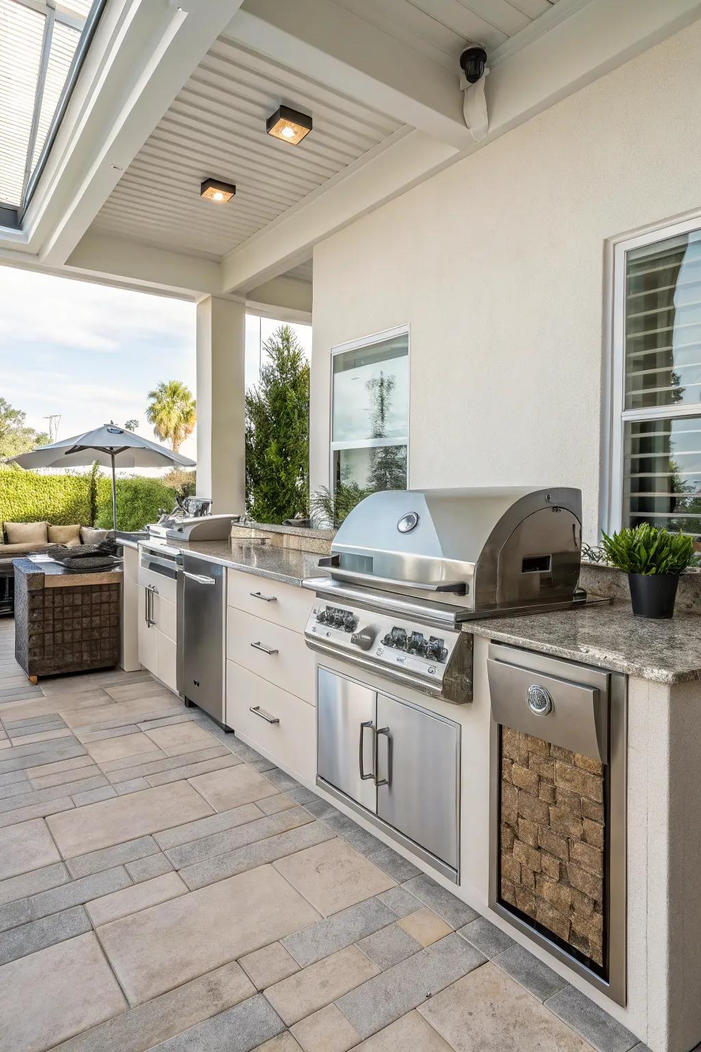 Stainless steel appliances offer a sleek and professional look in outdoor kitchens.