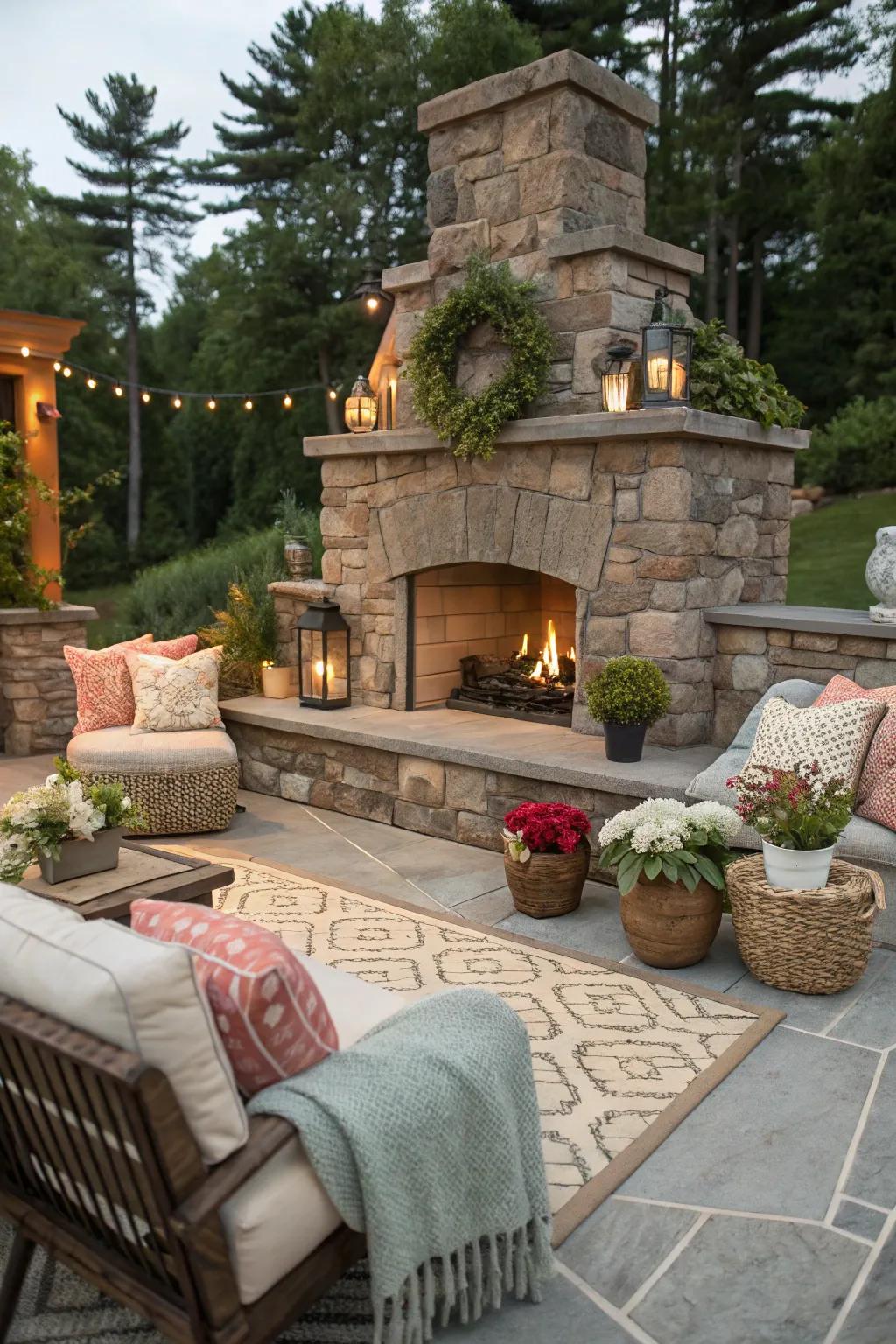Decorative touches adding personality to a fireplace setting.