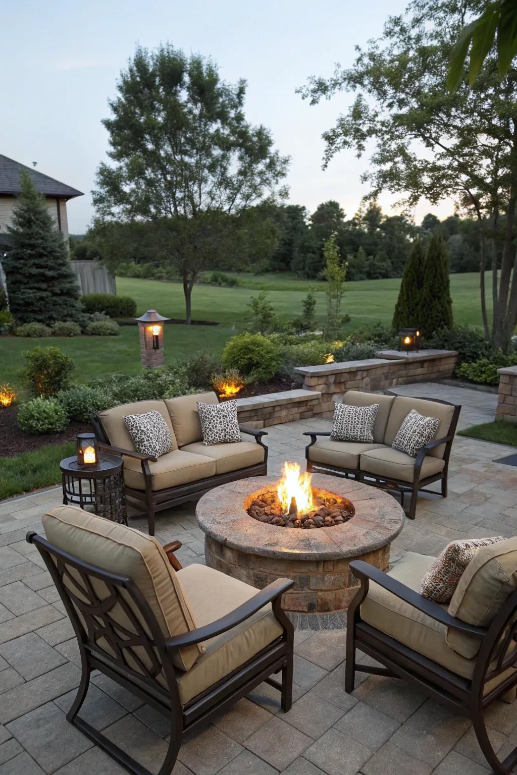 A fire pit serves as a cozy focal point.