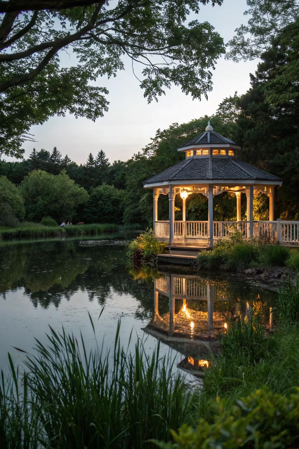 Soft lights illuminating a gazebo, casting reflections on the pond.