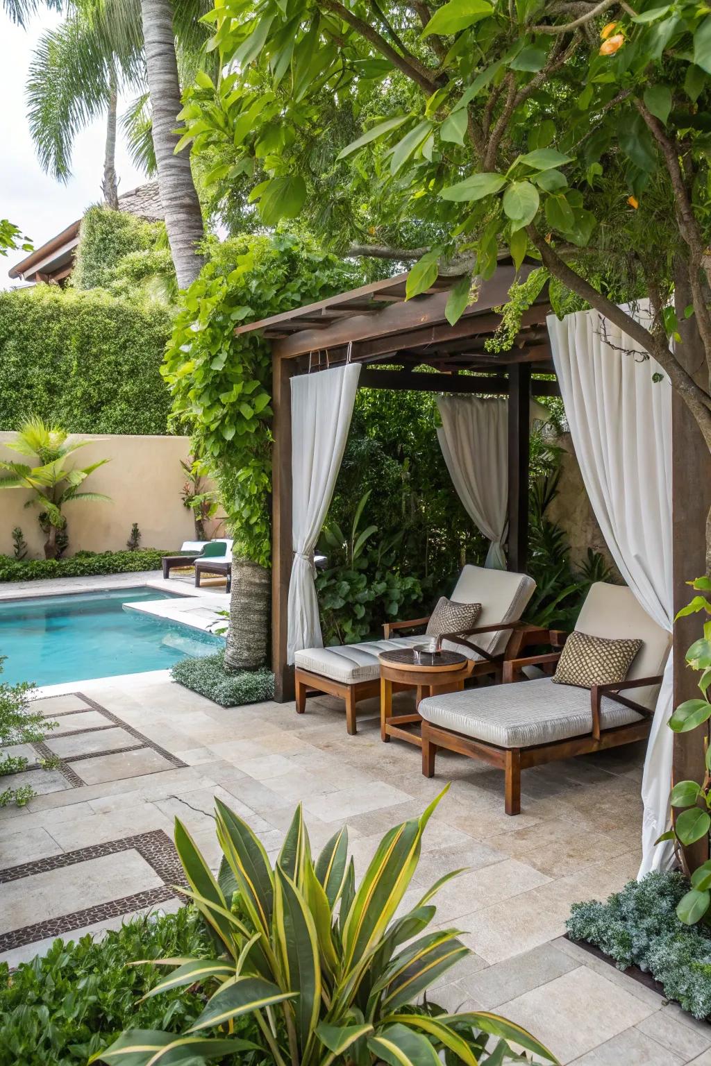 A private nook for relaxation provides a peaceful escape within your poolside area.
