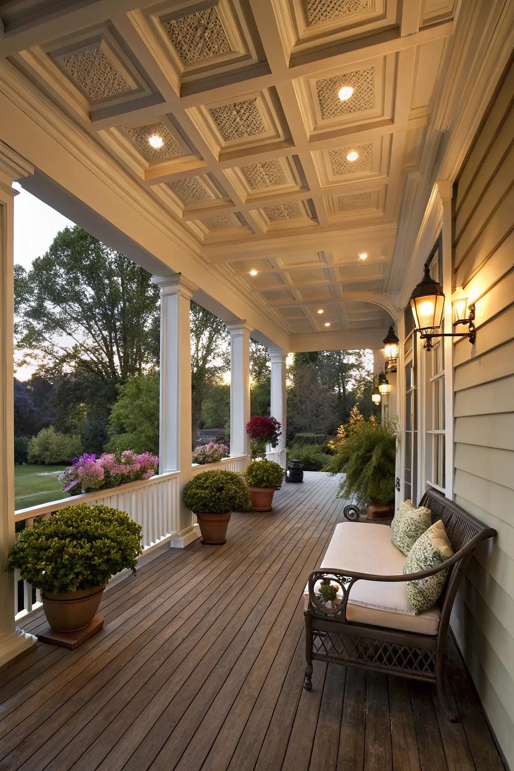 Coffered ceilings add depth and sophistication.