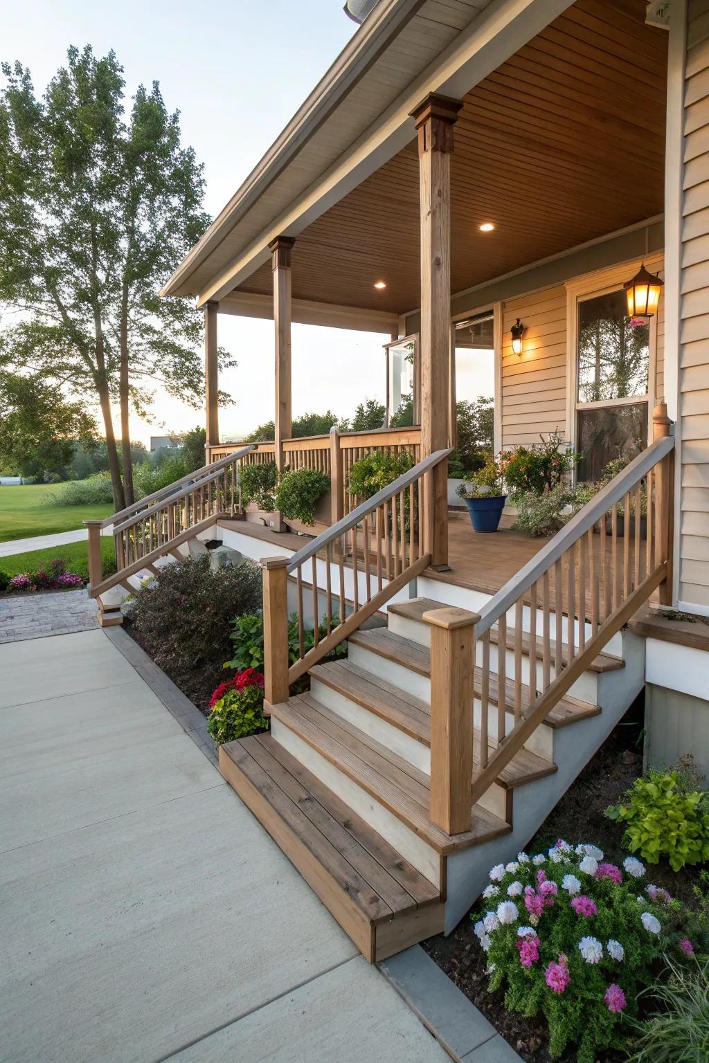 A porch featuring steps and ramps for an accessible, functional design.