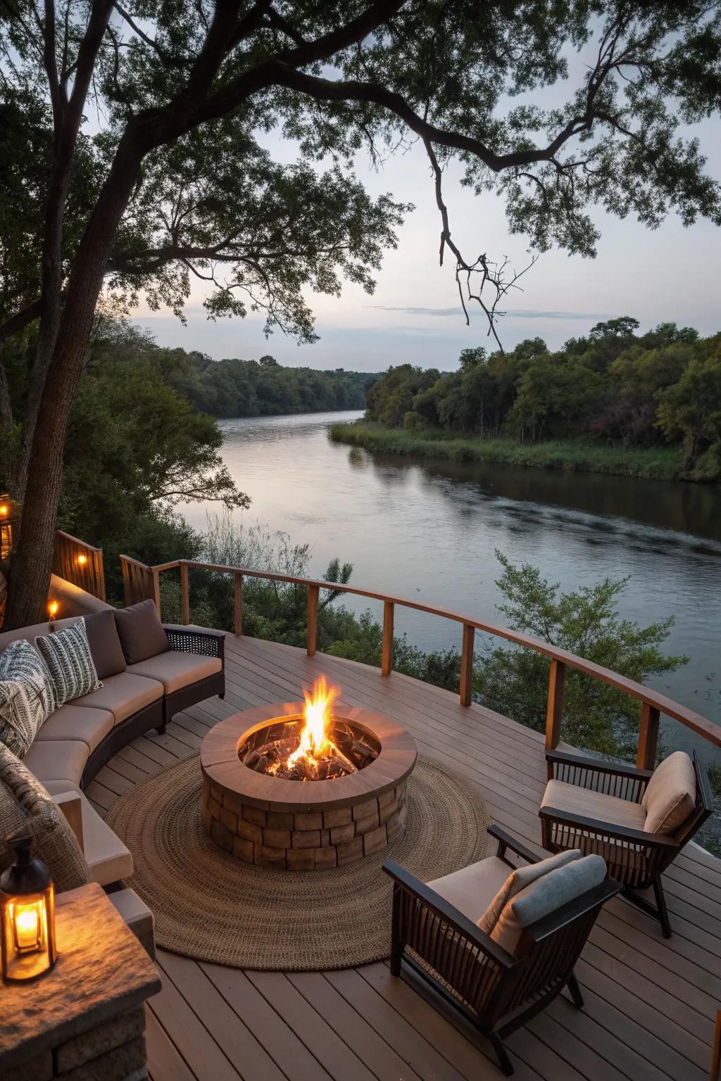 A cozy fire pit on a river deck.