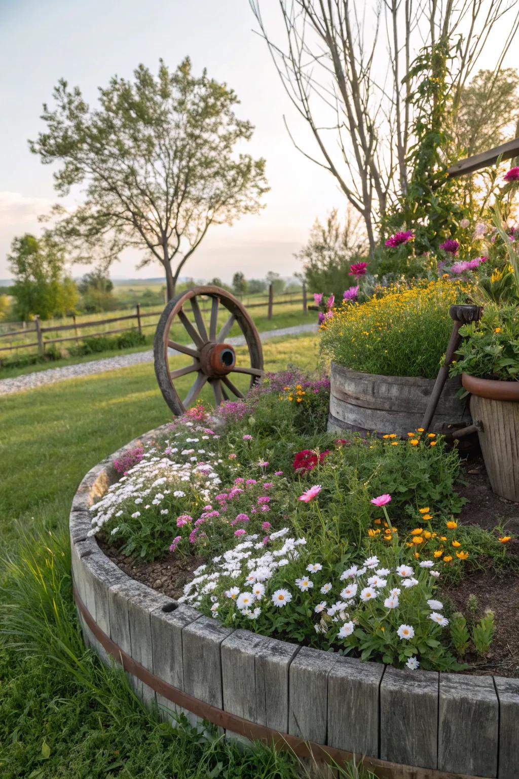 Rustic elements add a vintage charm to your garden.