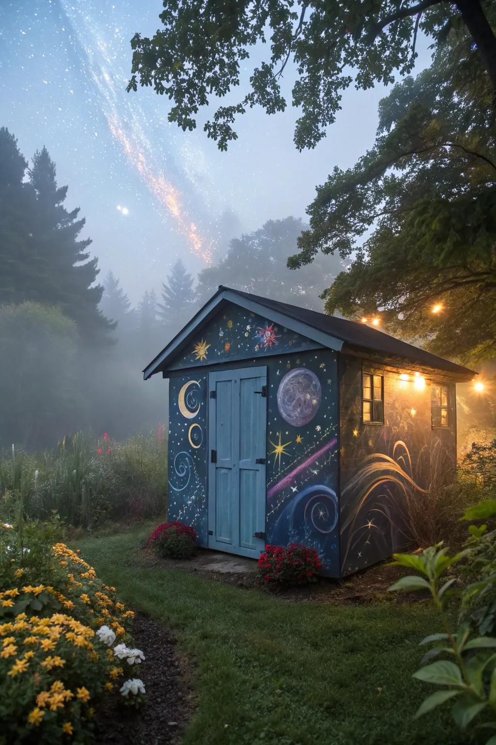 A shed mural that captures the beauty of the cosmos.