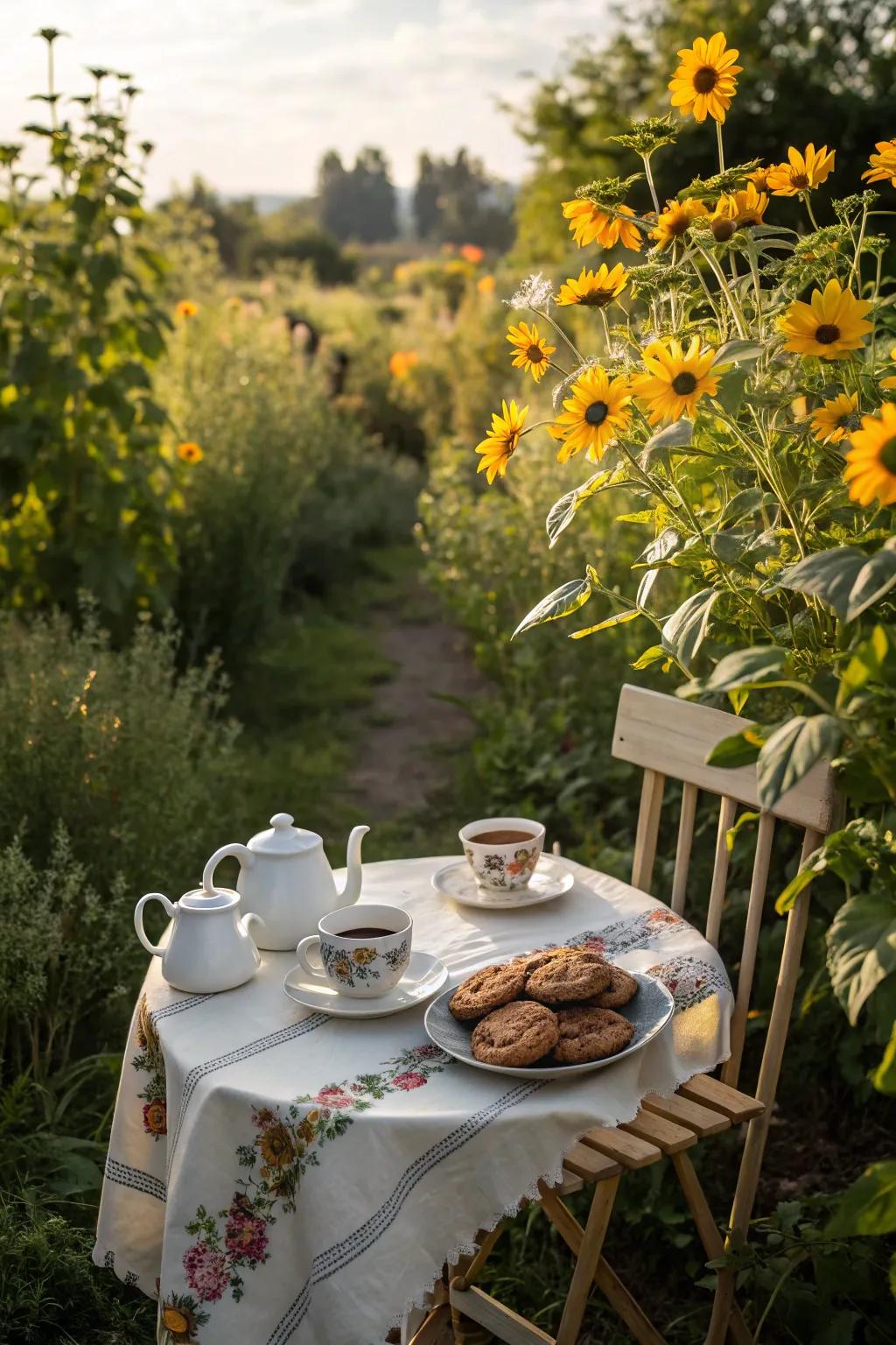 A sunflower tea garden offers a picturesque setting for gatherings.
