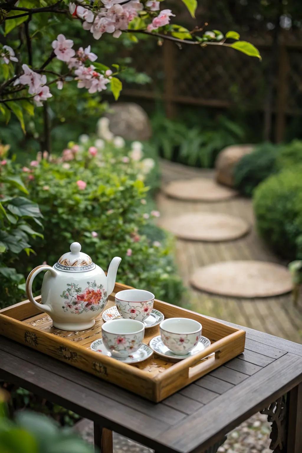 Cultural decor enhances the tea garden's charm.