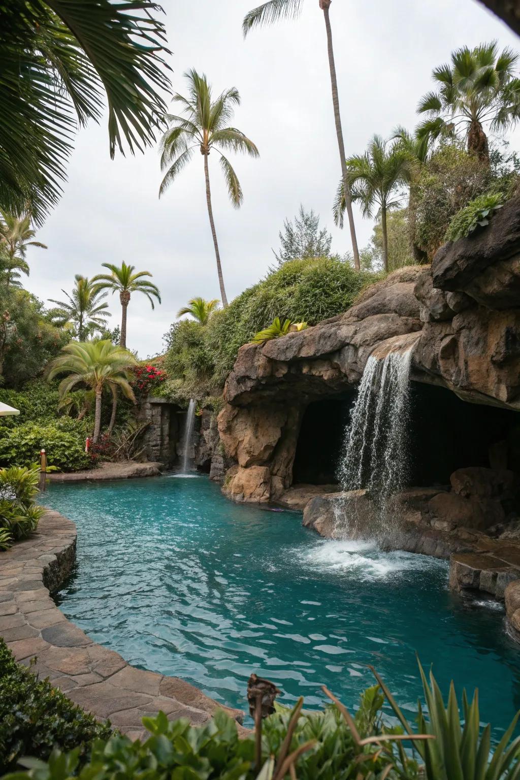 A tropical pool with a grotto waterfall.
