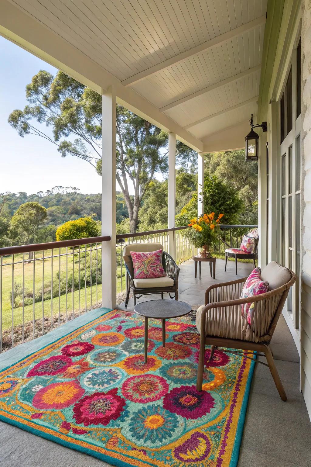 Outdoor rugs bring color and style to verandah floors.
