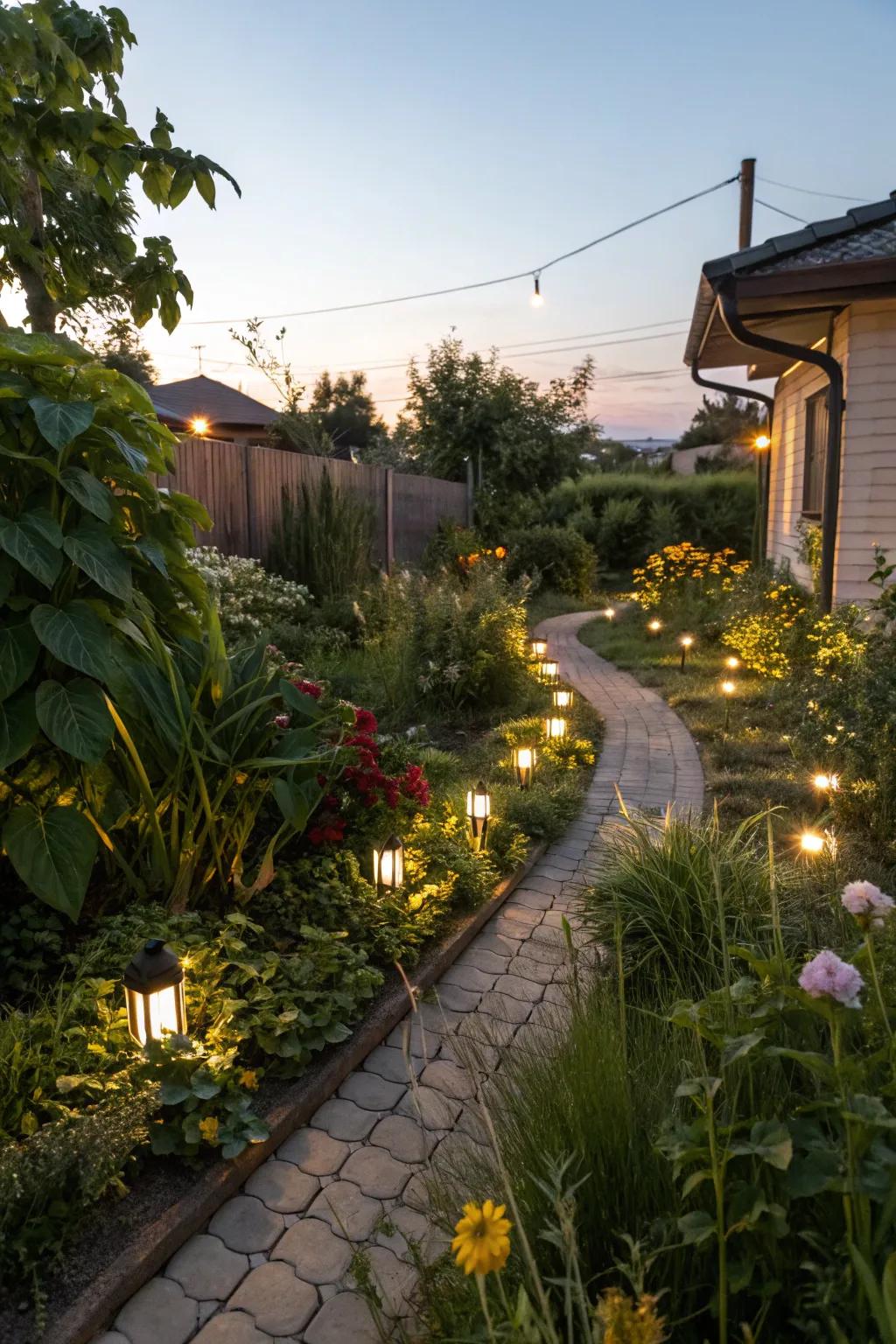 Simple lighting adds a magical touch to gardens after dark.