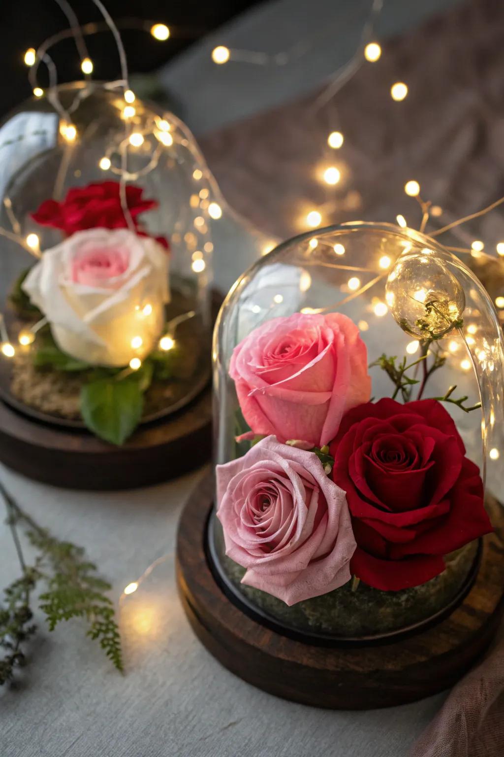 Preserved roses with LED lights offer lasting beauty.