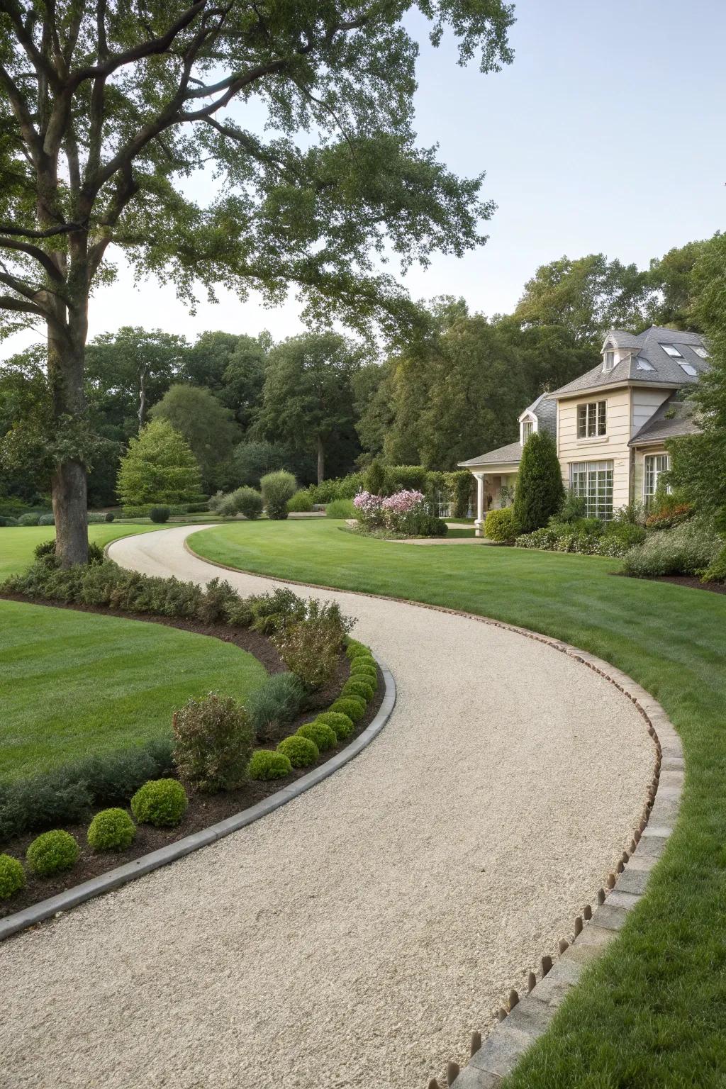 Elegant curved gravel driveway with lush borders.