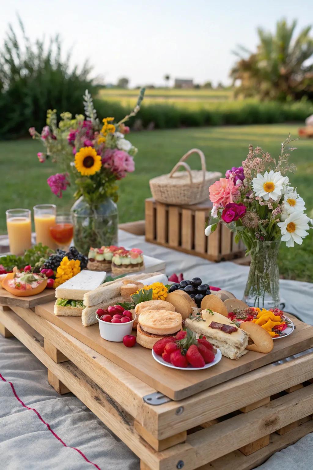 Wooden pallets serve as charming and rustic picnic tables.